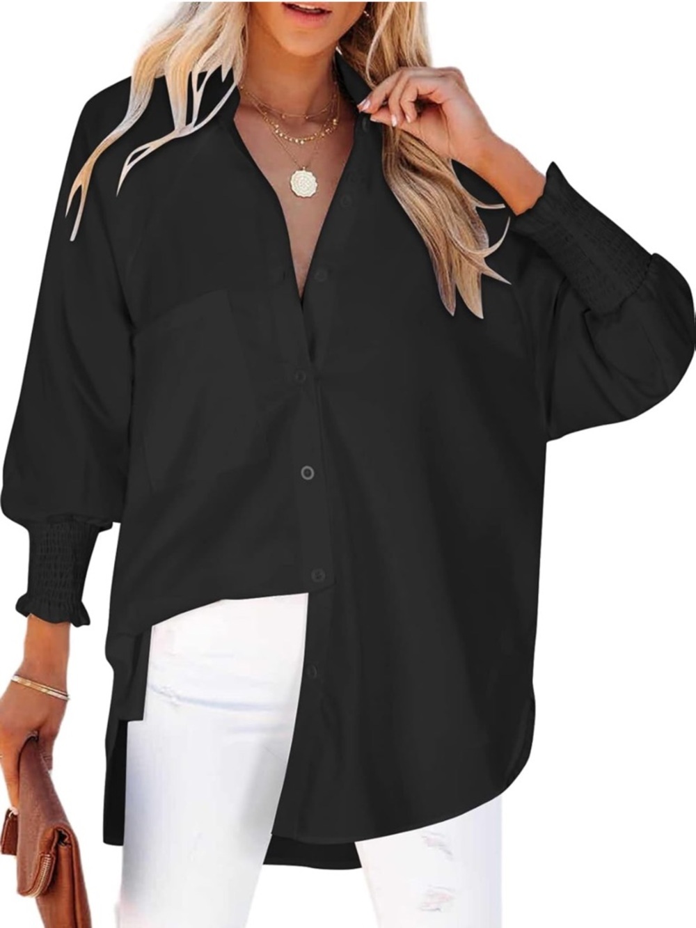 Black Oversized Button Down Shirt Smocked Cuffs M